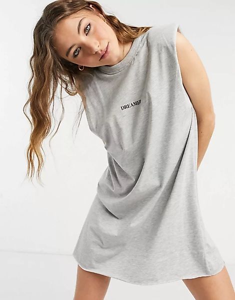 ASOS DESIGN – Ärmelloses T-Shirt-Kleid in Grau mit Schulterpolstern und „Dr günstig online kaufen