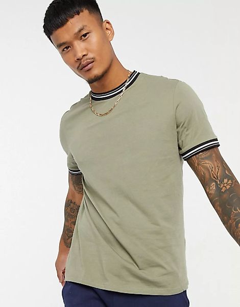 ASOS DESIGN – T-Shirt mit Zierstreifen in Khaki-Grün günstig online kaufen