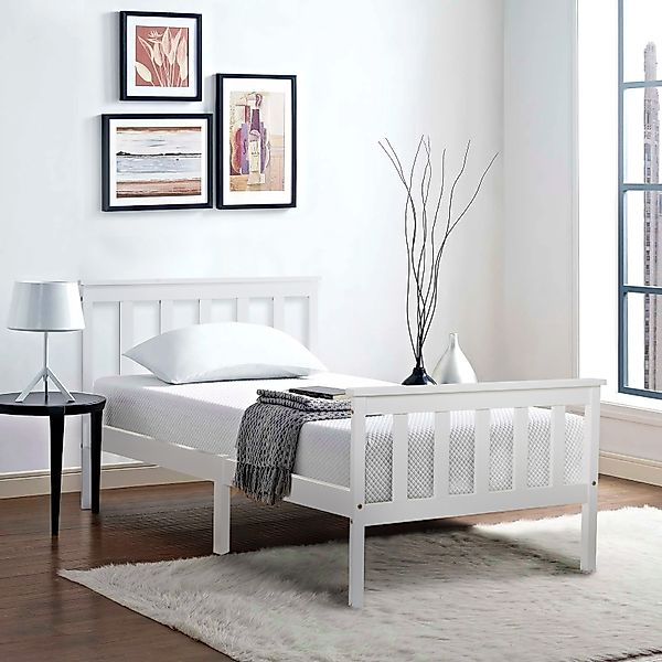 Einzelbett, 90x200 Weiß Minimalistisches Design mit Kopfteil und Lattenrost günstig online kaufen