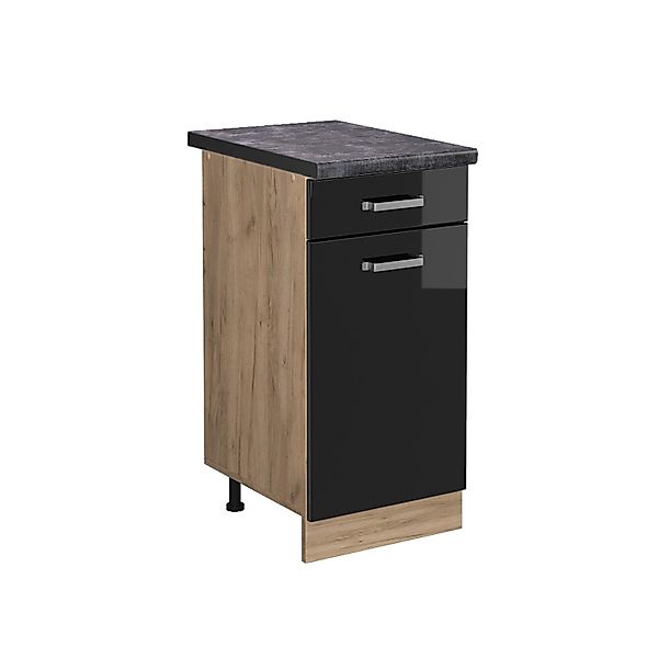 Vicco Küchenunterschrank R-Line Schwarz Hochglanz/Goldkraft Eiche 40 cm AP günstig online kaufen