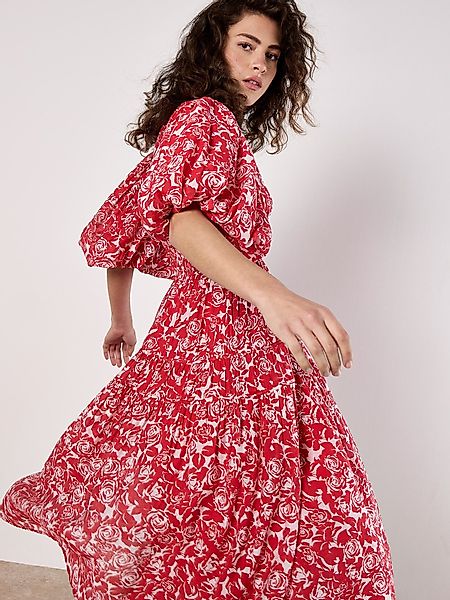 Apricot Druckkleid Gestuftes Midikleid, mit Rosenmuster günstig online kaufen
