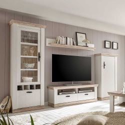 Skandinavische Wohnwand in Weiß Pinie LED Beleuchtung (vierteilig) günstig online kaufen