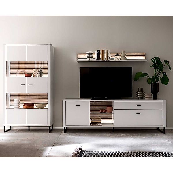 TV Wohnwand weiss in modernem Design 185 cm hoch (dreiteilig) günstig online kaufen