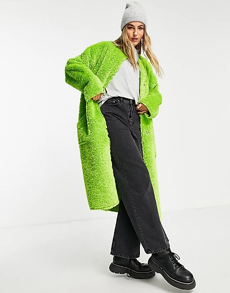 Topshop – Kragenloser Mantel aus Teddyfell in Limettengrün günstig online kaufen