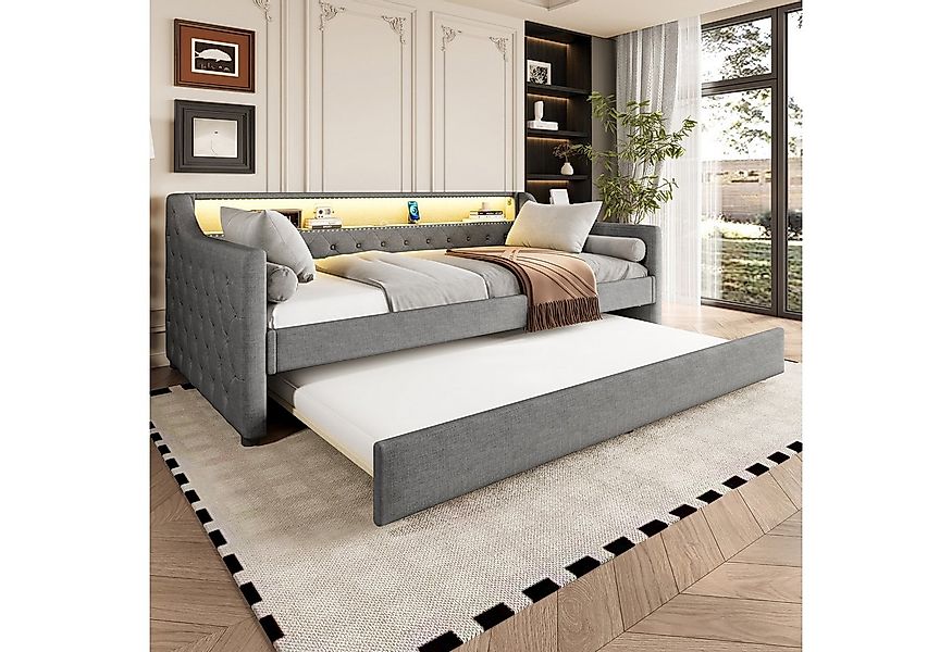 Flieks Daybett, LED Polsterbett Tagesbett 90x200cm mit Ausziehbett, USB-Lad günstig online kaufen