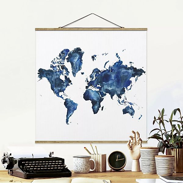 Stoffbild Karten mit Posterleisten - Quadrat Wasser-Weltkarte hell günstig online kaufen