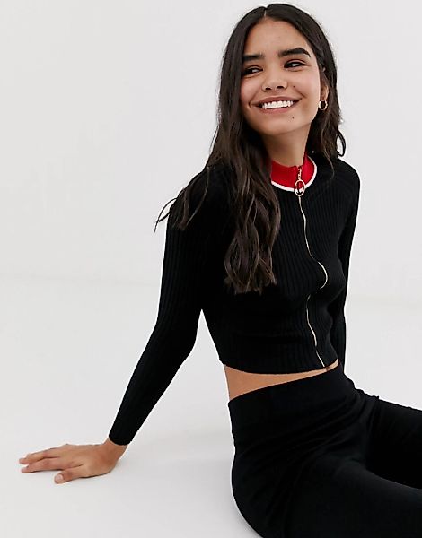 QED London – Kurzer Pullover mit durchgehendem Reißverschluss und kontrasti günstig online kaufen