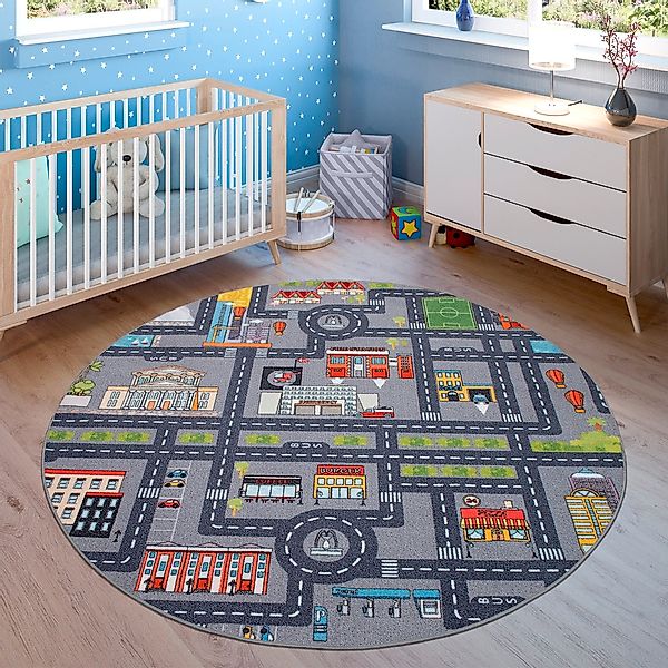 Paco Home Kinderteppich »Bino 575«, rund, 4 mm Höhe, Kurzflor, Straßen-Spie günstig online kaufen