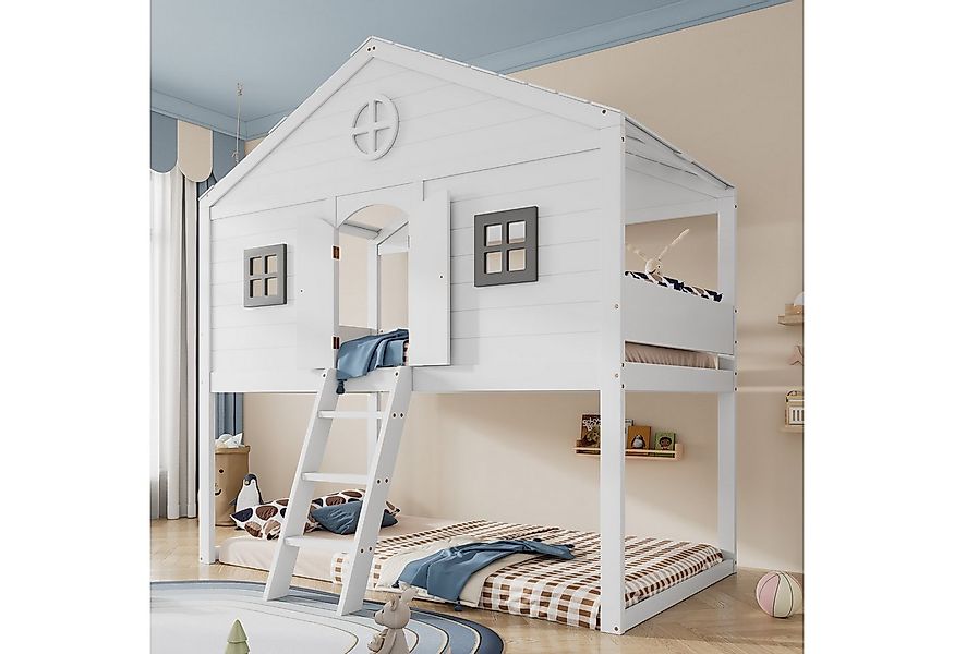 Flieks Etagenbett, Hausbett Kinderbett 90x200cm mit dreistufiger Leiter, Tü günstig online kaufen