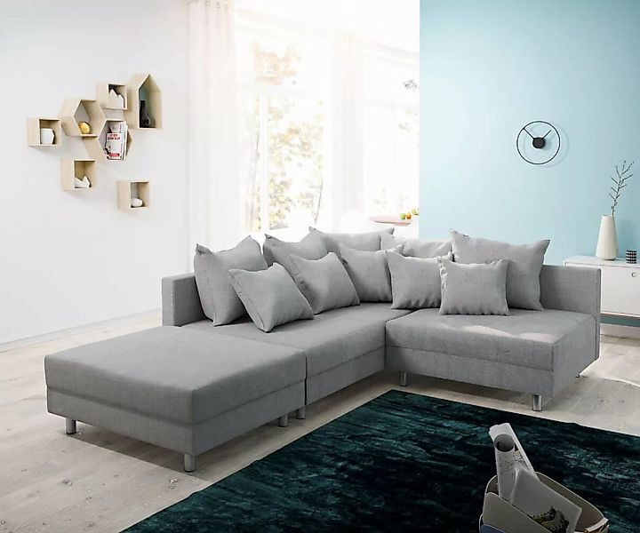 DELIFE Ecksofa Clovis, Grau Flachgewebe mit Hocker Ottomane Links modular günstig online kaufen