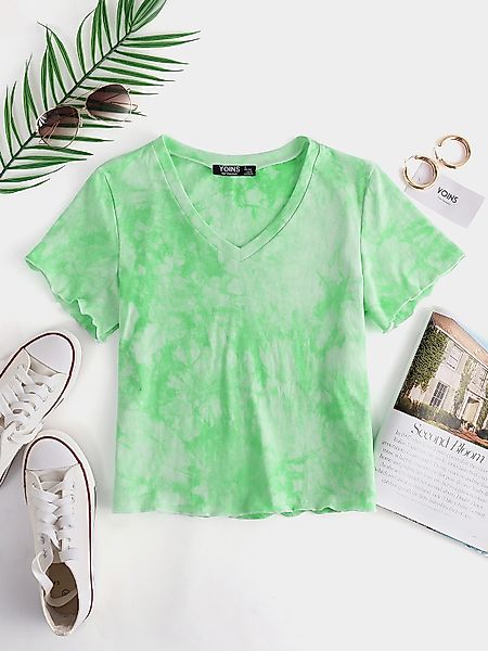 YOINS Grüne Kurzarm-T-Shirts mit V-Ausschnitt günstig online kaufen