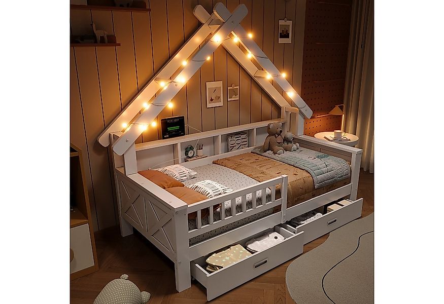 MODFU Kinderbett für Kinderzimmer & Schlafzimmer (Kinder-Hausbett mit LED-L günstig online kaufen