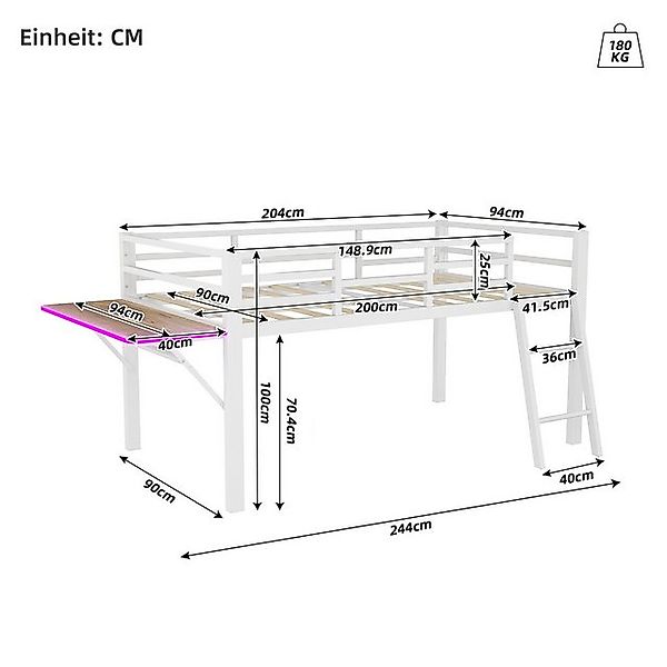 Flieks Hochbett Metallbett Kinderbett 90x200cm mit LED Klapp-Schreibtisch u günstig online kaufen