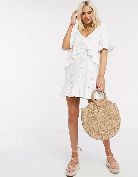 ASOS DESIGN – Weißes Mini-Hängerkleid mit Lochstickerei und V-Ausschnitt mi günstig online kaufen