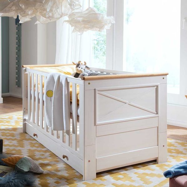 Babybett in Weiß und Eichefarben Kiefer Massivholz günstig online kaufen