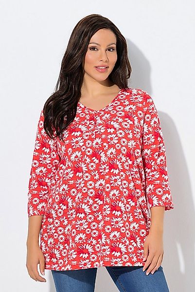 Ulla Popken T-Shirt Shirt Blüten A-Linie Zierfalten V-Ausschnitt günstig online kaufen