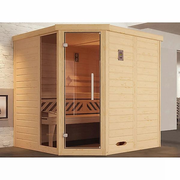 Weka Massivholzelementsauna Kemi Eck 1 Sparset 7,5 kW BioS Glastür/Fenster günstig online kaufen