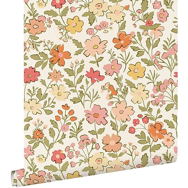 ESTAhome Tapete Blumen Rosa Grün Gelb und Orange 50 x 900 cm günstig online kaufen