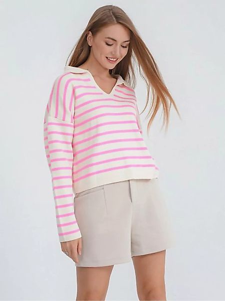 Freshlions Polokragenpullover Gestreifter Polo Pullover pink günstig online kaufen