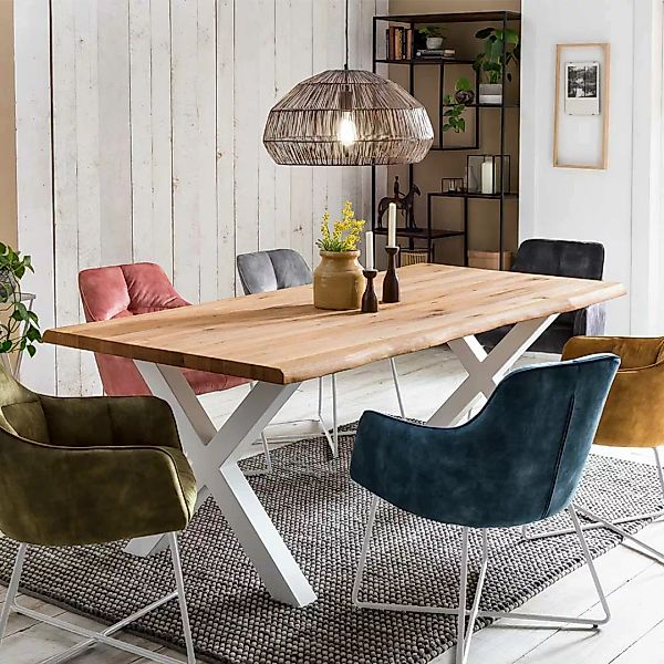 Baumkanten Esszimmertisch aus Eiche Massivholz und Metall modern günstig online kaufen