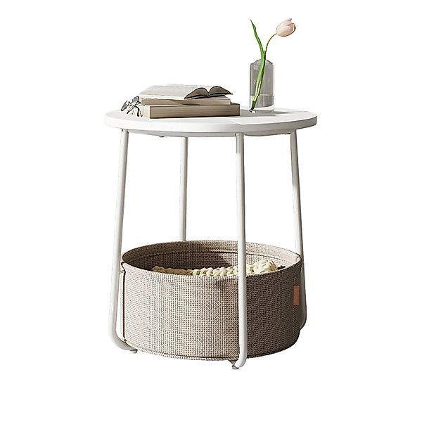 Songmics Beistelltisch Lilea mit Korb Rund Weiß-Beige günstig online kaufen