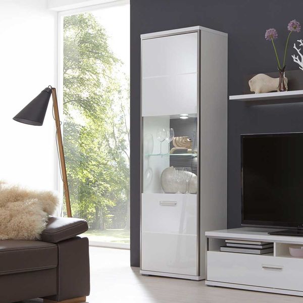 Wohnwand Vitrine in Weiß Hochglanz 200 cm hoch günstig online kaufen