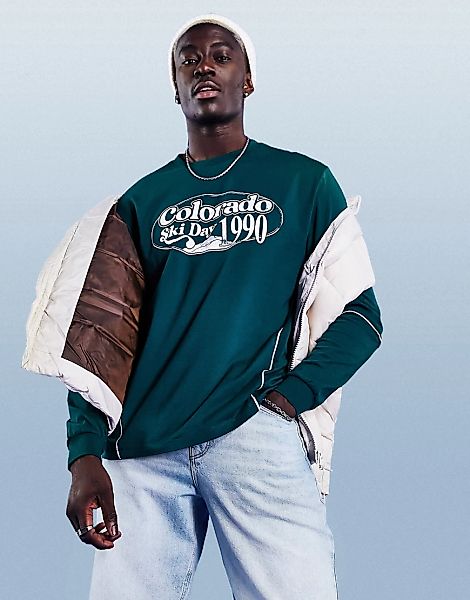 ASOS DESIGN – Langärmliges Shirt in Grün mit lockerem Schnitt und Paspelier günstig online kaufen