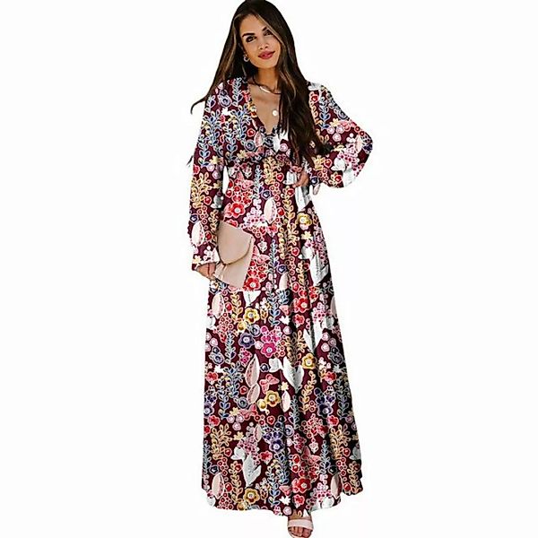 RUZU UG Dirndl Sommer bedrucktes Kleid Langarm elegantes Maxikleid günstig online kaufen