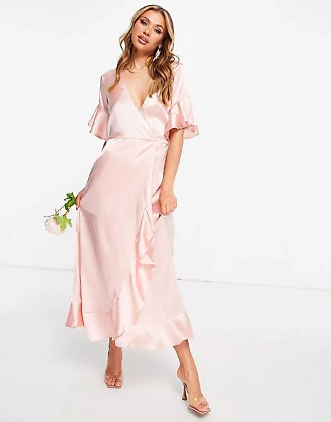 AX Paris – Bridesmaid – Maxi-Wickelkleid aus Satin mit Rüschen in Rosa günstig online kaufen
