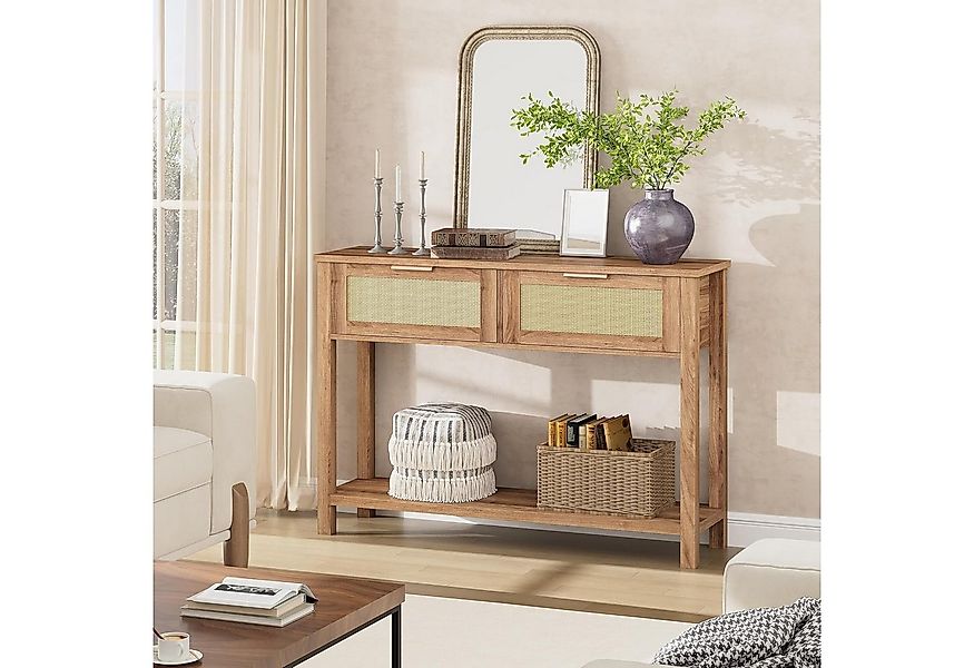 GarveeMore Konsolentisch Rattan,2-stöckiger Sofatisch mit 2 Schubladen,110x günstig online kaufen