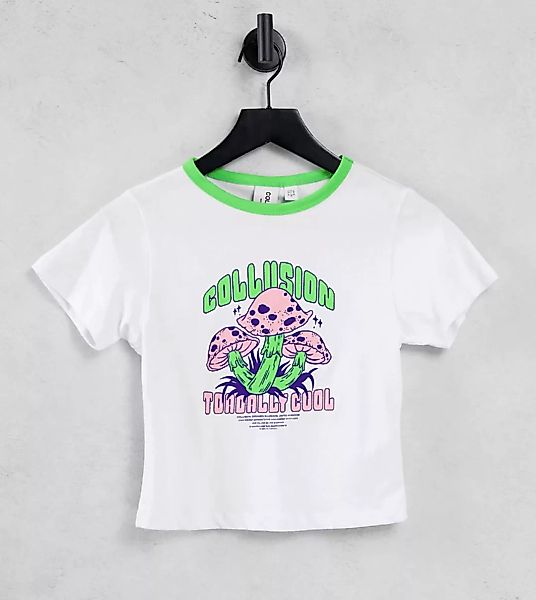 COLLUSION – Ringer-T-Shirt in Weiß mit Pilz-Print günstig online kaufen