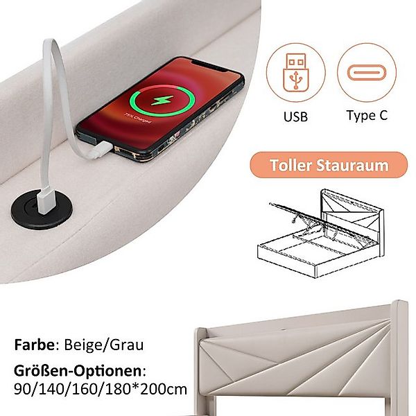 STILVORA Polsterbett 180x200 Stauraumbett Jugendbett mit USB-C,Bettgestell günstig online kaufen