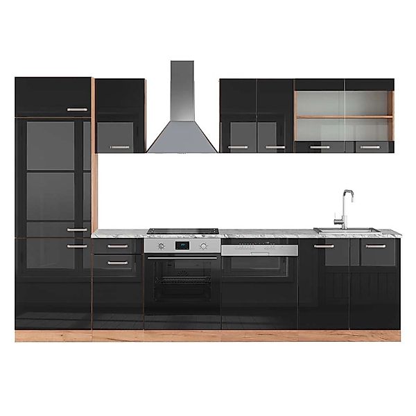 Vicco R-Line Küchenzeile Schwarz Hochglanz/Goldkraft Eiche 300 cm AP Marmor günstig online kaufen