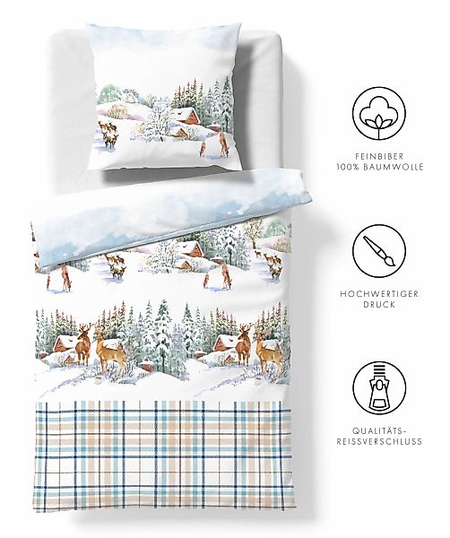 fleuresse Bettwäsche "Aspen" Feinbiber mit Winterlandschaft und Karo Dessin günstig online kaufen