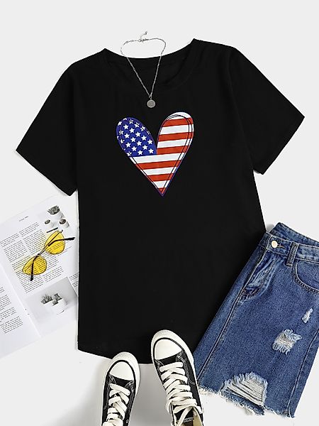 Plus Size Rundhals-T-Shirt mit gestreiftem Stern und kurzen Ärmeln günstig online kaufen