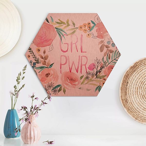 Hexagon-Alu-Dibond Bild Spruch Rosa Blüten - Girl Power günstig online kaufen
