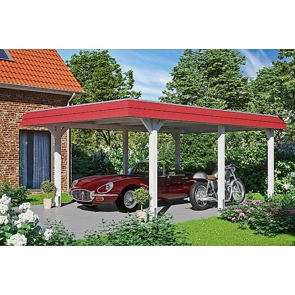 Skan Holz Carport Wendland Weiß 409 x 628 cm Alu-Dach Blende Rot günstig online kaufen