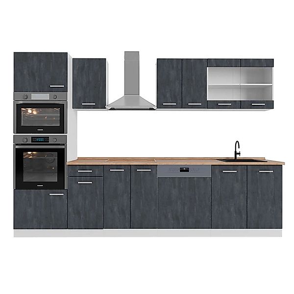 Vicco R-Line KomplettKüche Schwarz Beton/Weiß 300 cm AP Eiche Opt 2 günstig online kaufen