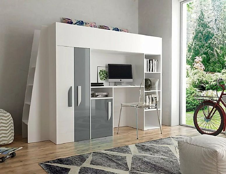 QMM TraumMöbel Hochbett PARIS 5 mit Schreibtisch Schrank Regal und Treppe H günstig online kaufen