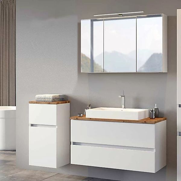 Badezimmer Set in Weiß und Wildeiche Optik Spiegelschrank (dreiteilig) günstig online kaufen