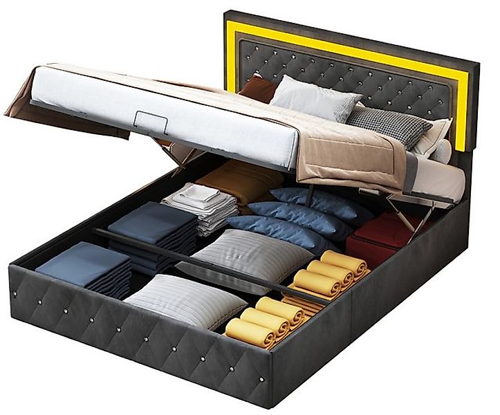 FUROKOY Polsterbett Doppelbett mit LED Beleuchtung & Hydraulisch anhebbarer günstig online kaufen
