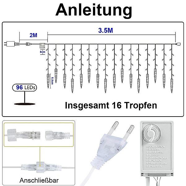 Rosnek LED-Lichtervorhang Eiszapfen-Anhänger, wasserdicht, 8 Modi, günstig online kaufen