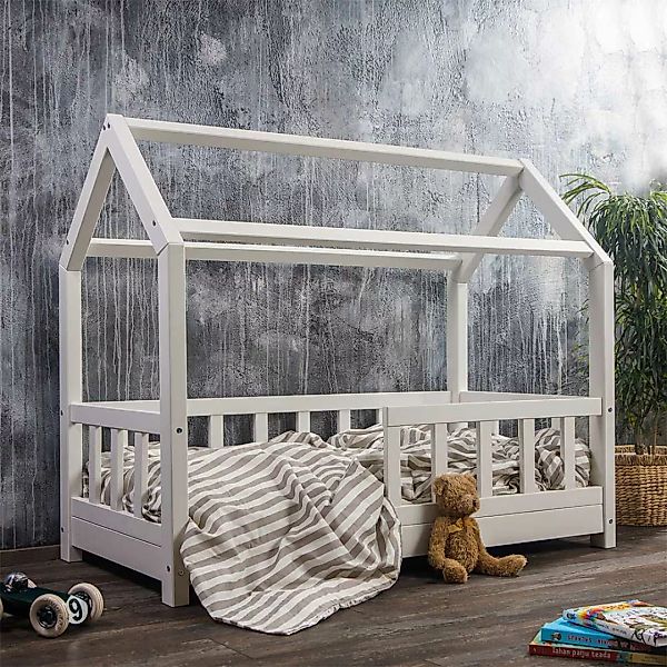 Kinderzimmer Bett Haus in Weiß Kiefer Massivholz günstig online kaufen