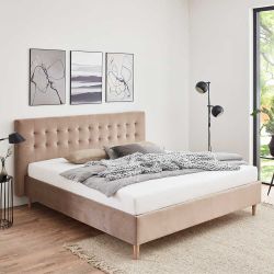 Polster Bett 140x200 cm in Taupe Samt Vierfußgestell aus Holz günstig online kaufen
