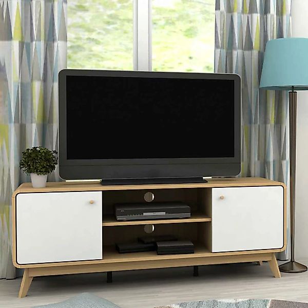Fernsehboard in Weiß und Holz Naturfarben Skandi Design günstig online kaufen