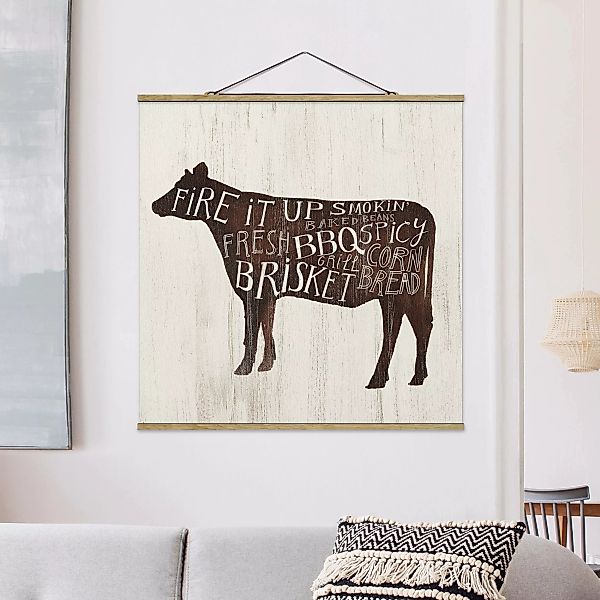 Stoffbild Tiere mit Posterleisten - Quadrat Bauernhof BBQ - Kuh günstig online kaufen