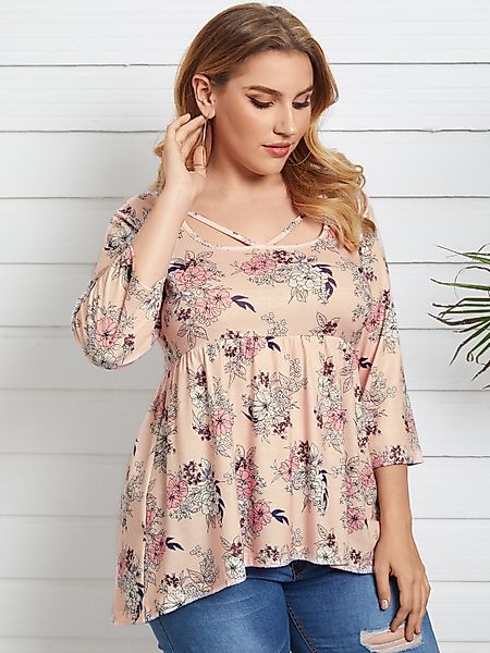 YOINS Plus Größe Square Neck Blumendruck 3/4 Länge Ärmel T-Shirt günstig online kaufen