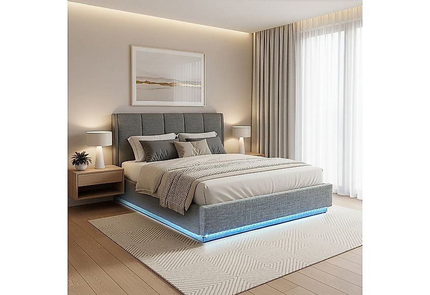 en.casa Polsterbett, »Tröstiar« mit LED-Beleuchtung Bettkasten Leinen 160x2 günstig online kaufen