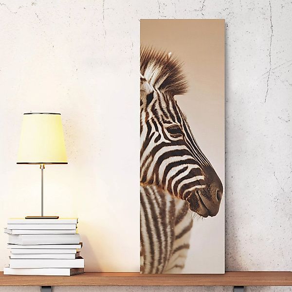 Leinwandbild - Hochformat Zebra Baby Portrait günstig online kaufen