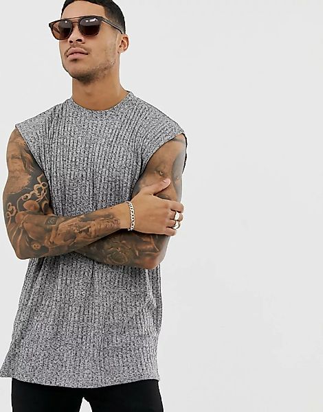 ASOS DESIGN – Ärmelloses Oversize-T-Shirt mit Rippenstruktur-Grau günstig online kaufen